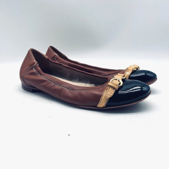 AGL Shoes Womens 36.5 US 6.5 Brown Black Ballet Flats Cap Toe Buckle Monika - Picture 1 of 12